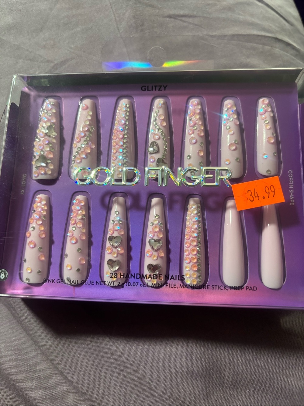 Glitzy Pink Coffin Press-On Nails with Rhinestone Accents